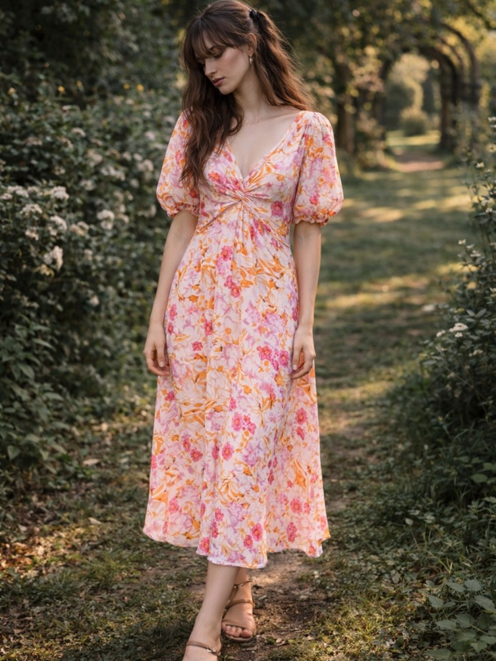 NWT Melloday Floral Twist Front Puff Sleeve Midi Dress S